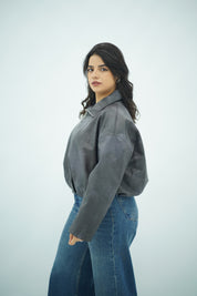 Bomber Zippé en Similicuir Gris – Style Casual et Moderne