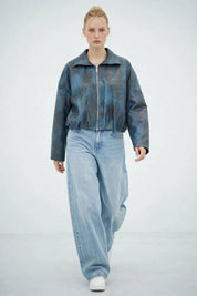 Bomber Zippé en Similicuir Bleu – Style Casual et Moderne