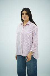 Chemise Oversize Rose Rayée Bleu Marine