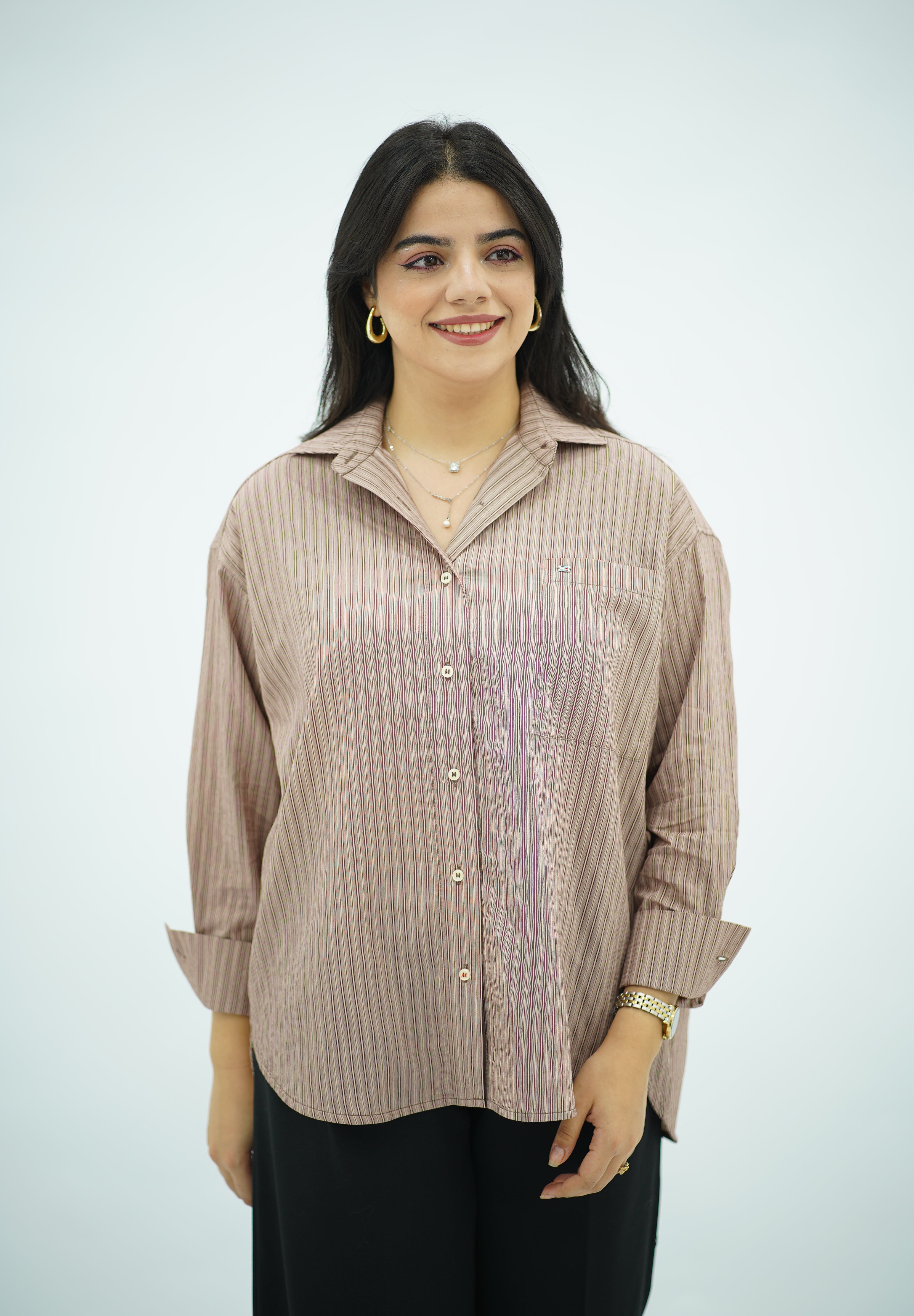 Chemise Oversize Chic à Rayures Beige & Marron