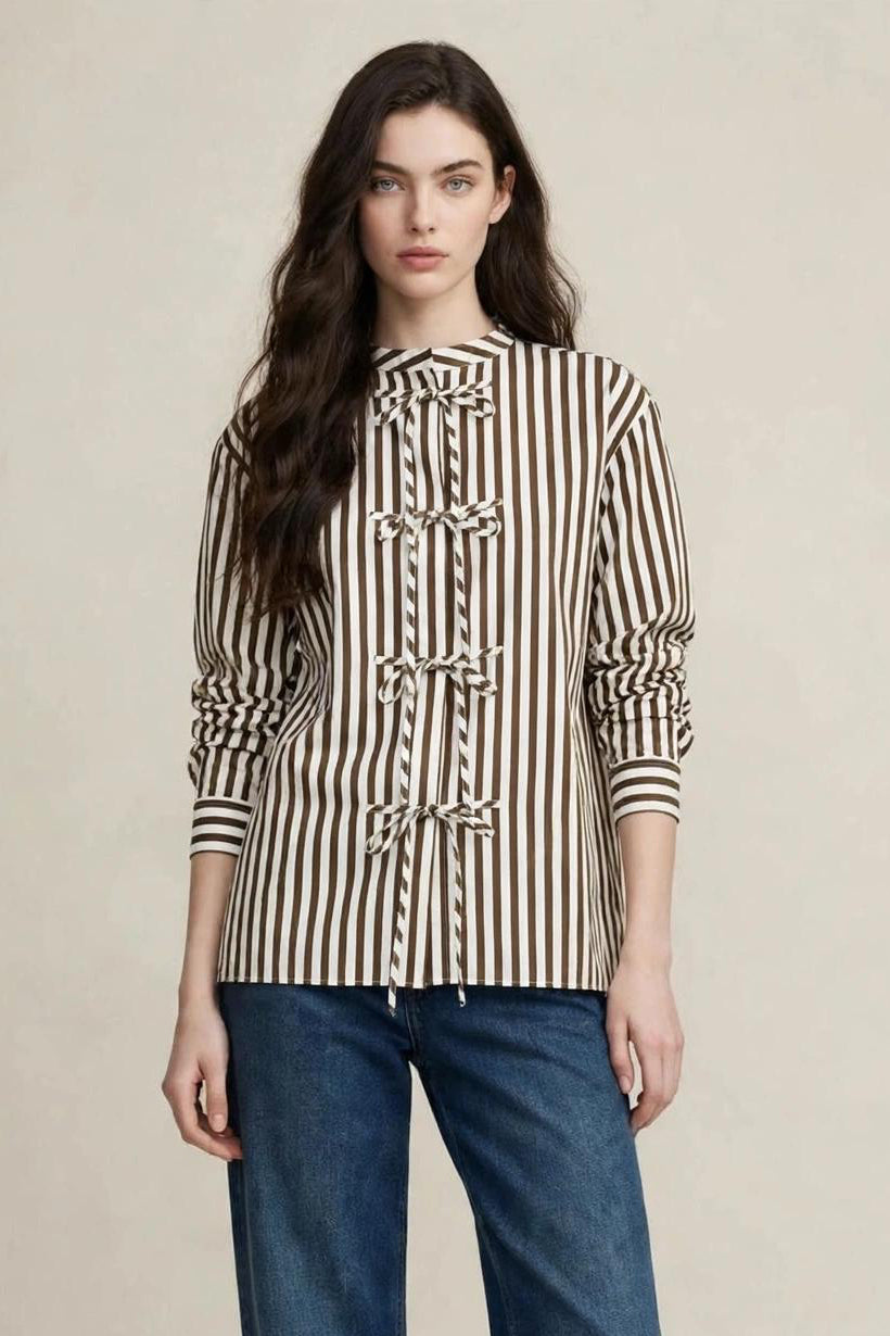 Chemise à Rayure Marron et Blanche avec Liens à Nouer