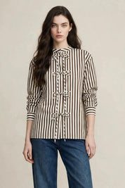 Chemise à Rayure Marron et Blanche avec Liens à Nouer