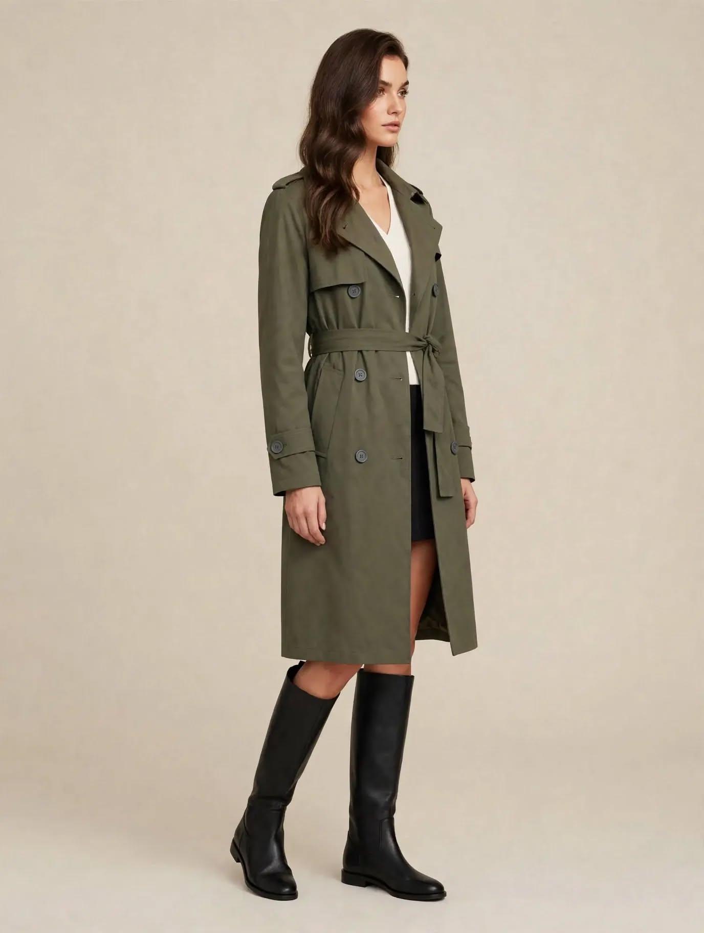 Trench-coat Long Kaki Élégant
