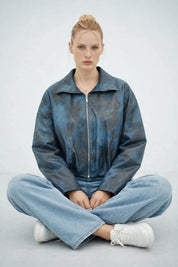 Bomber Zippé en Similicuir Bleu – Style Casual et Moderne