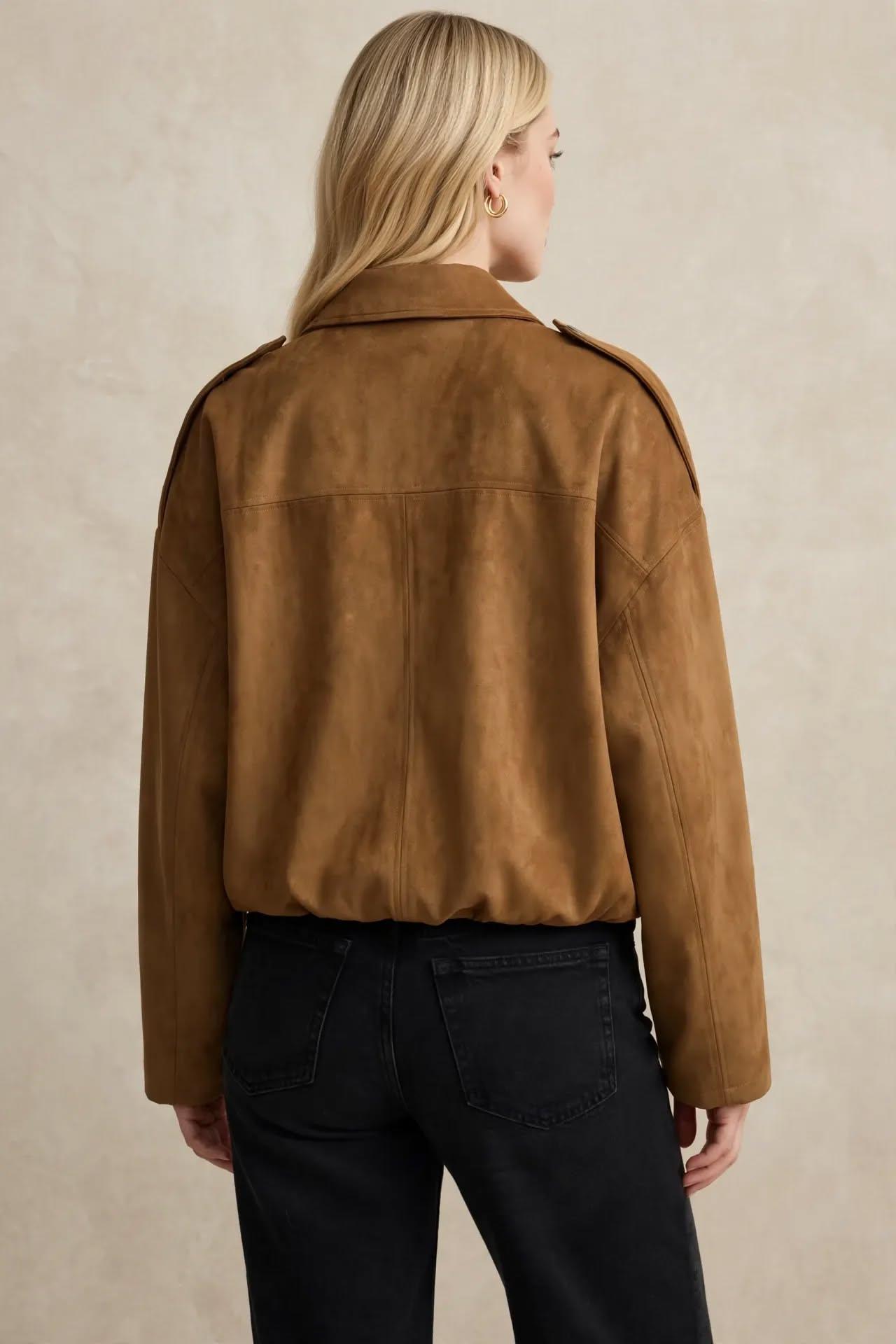 Bomber en Daim Style Militaire – Coupe Épurée Sans Poches