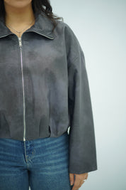 Bomber Zippé en Similicuir Gris – Style Casual et Moderne