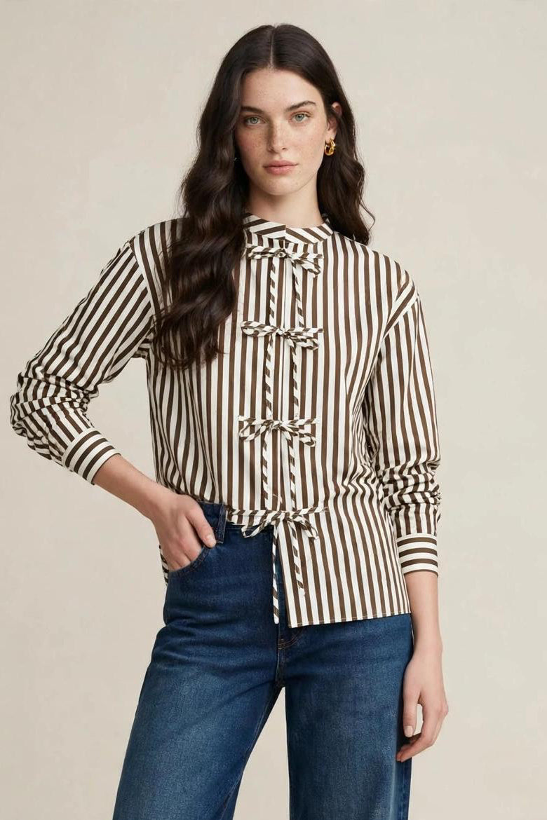 Chemise à Rayure Marron et Blanche avec Liens à Nouer